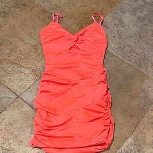 KatieJNYC Vibrant Coral Ruched Dress